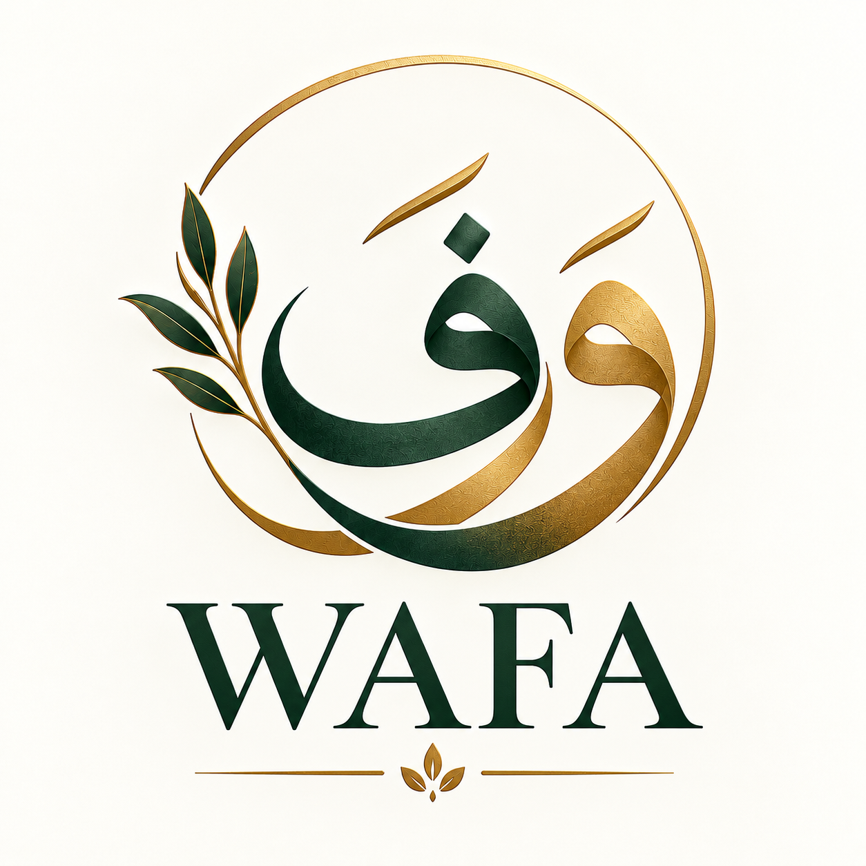 WAFA green and gold emblem with Arabic calligraphy